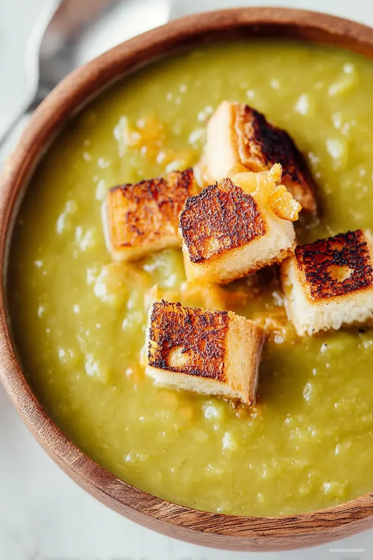 Slow Cooker Vegetarian Split Pea Soup with Grilled Cheese Croutons