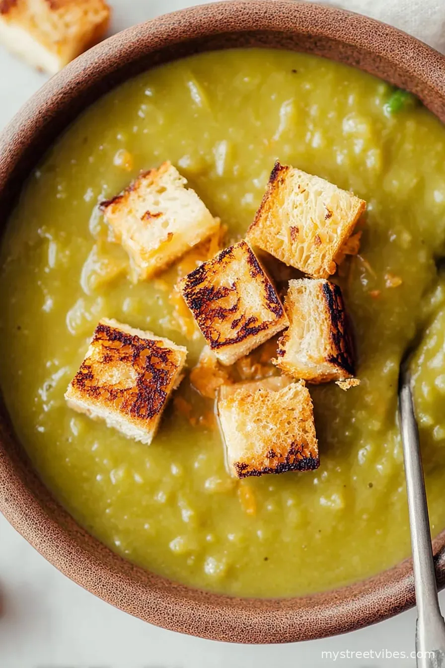 Slow Cooker Vegetarian Split Pea Soup with Grilled Cheese Croutons