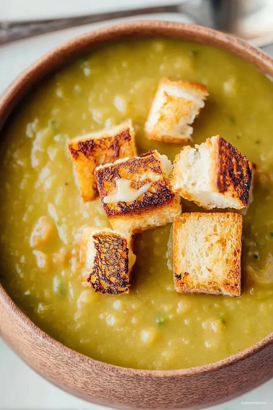 Slow Cooker Vegetarian Split Pea Soup with Grilled Cheese Croutons