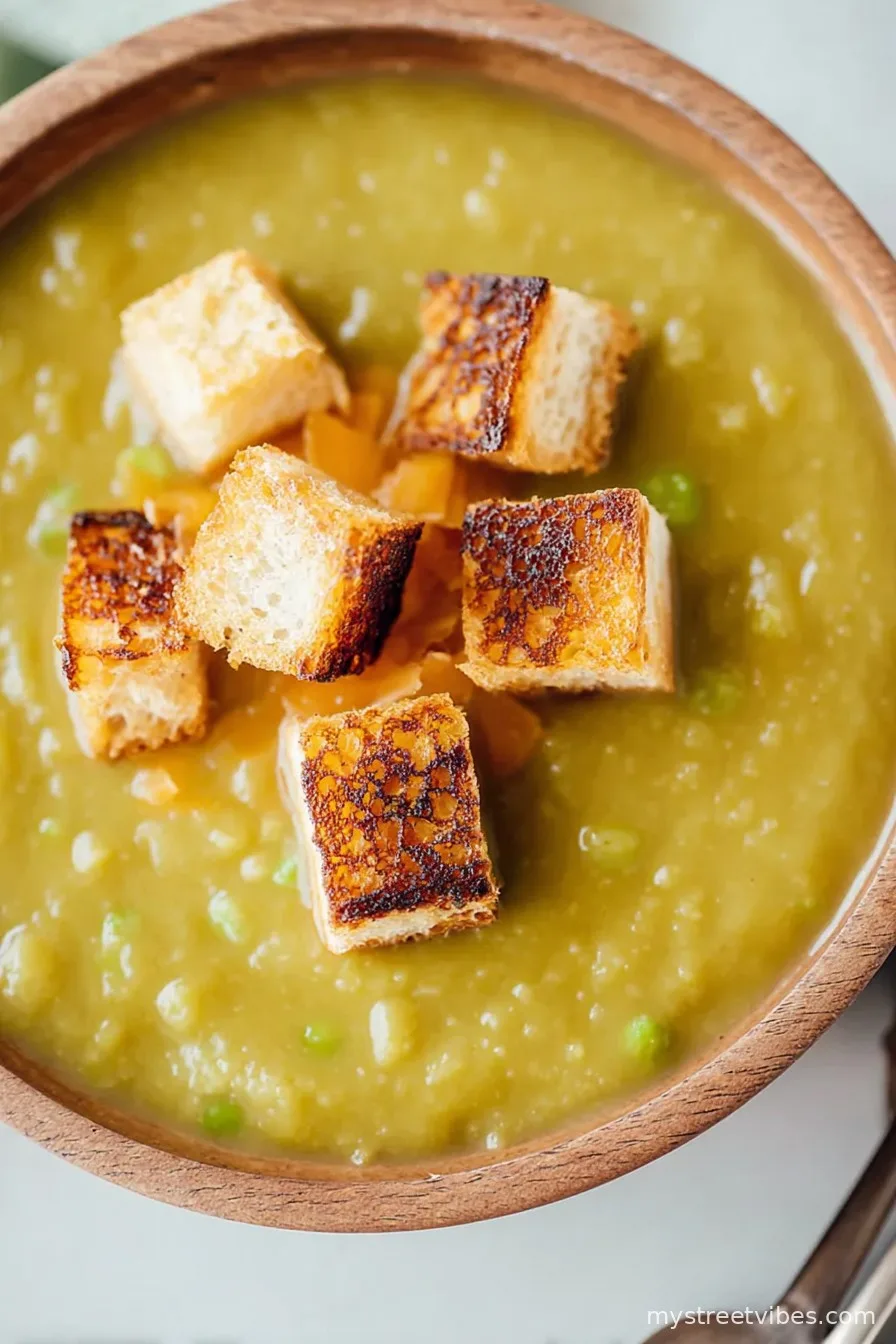 Slow Cooker Vegetarian Split Pea Soup with Grilled Cheese Croutons