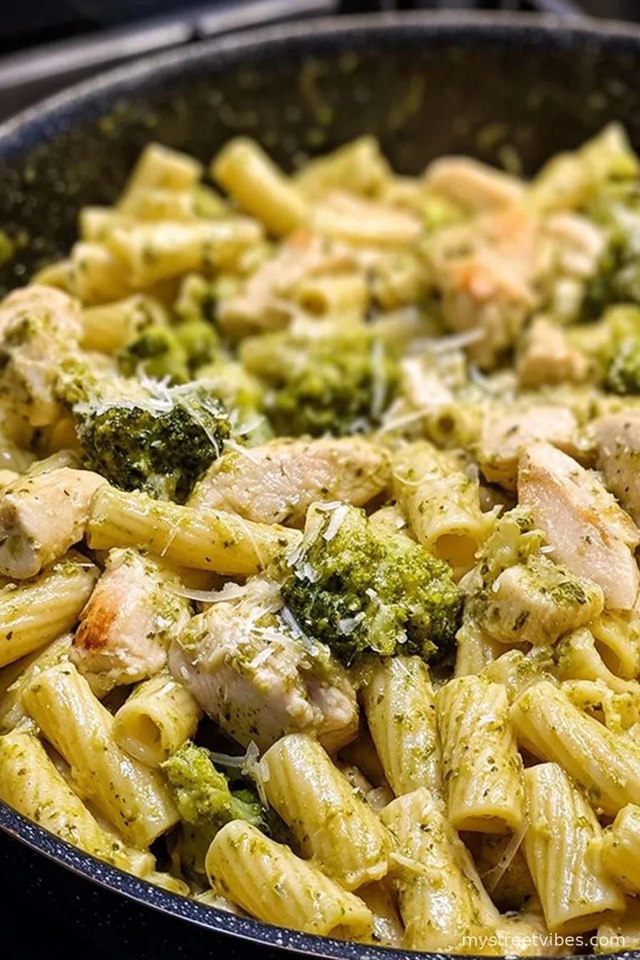One Pan Creamy Pesto Chicken & Broccoli Pasta