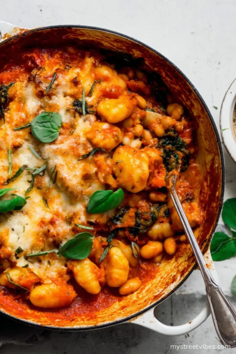 25 Minute Vegan Cheesy Baked Gnocchi with Beans