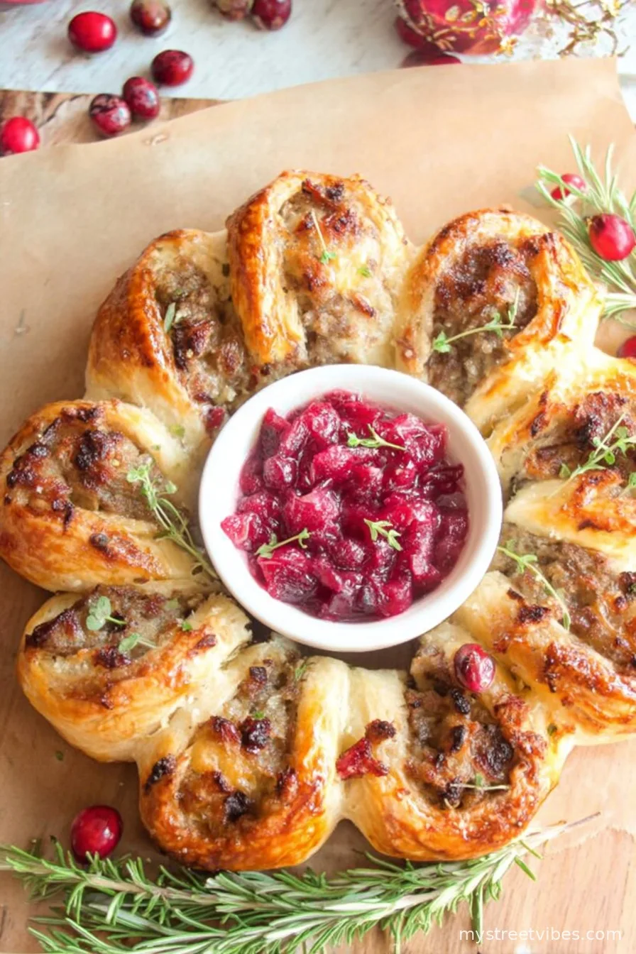 Easy Christmas Sausage Roll Wreath with Cranberries