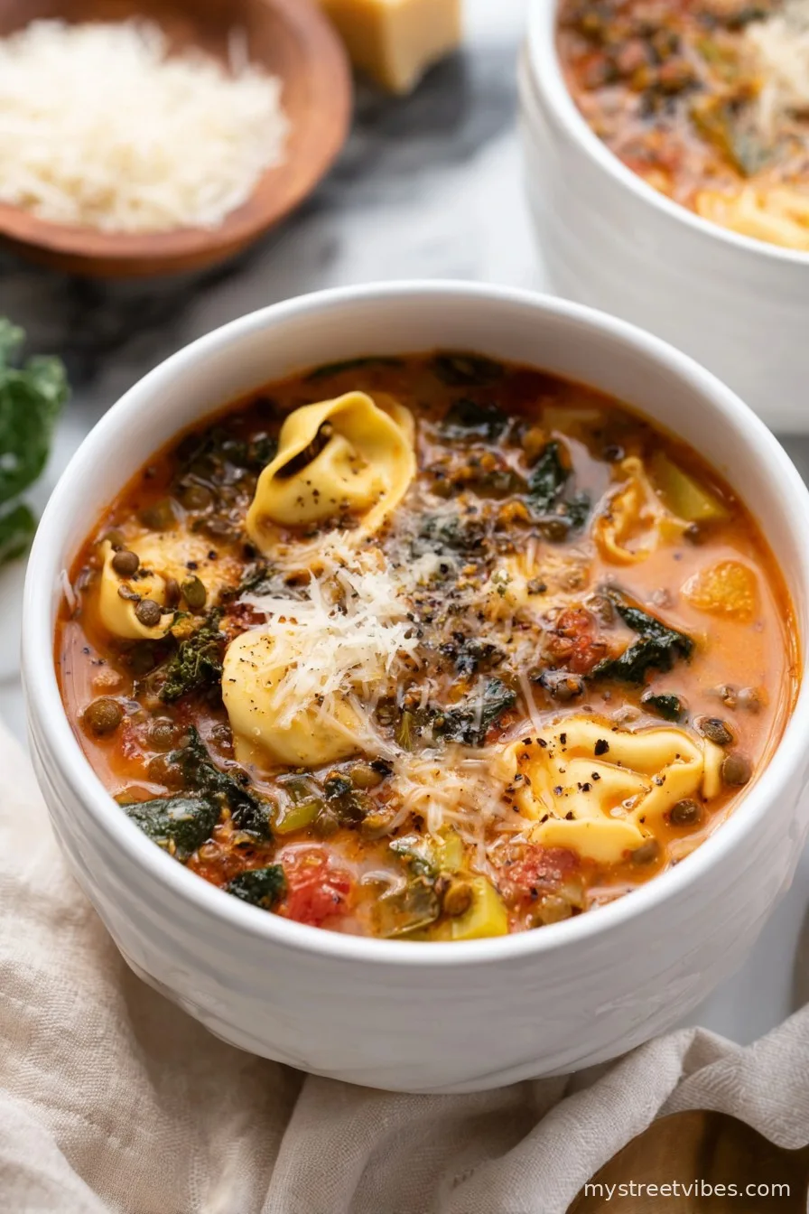 Easy Creamy Vegan Tortellini Soup Recipe with Lentils and Kale