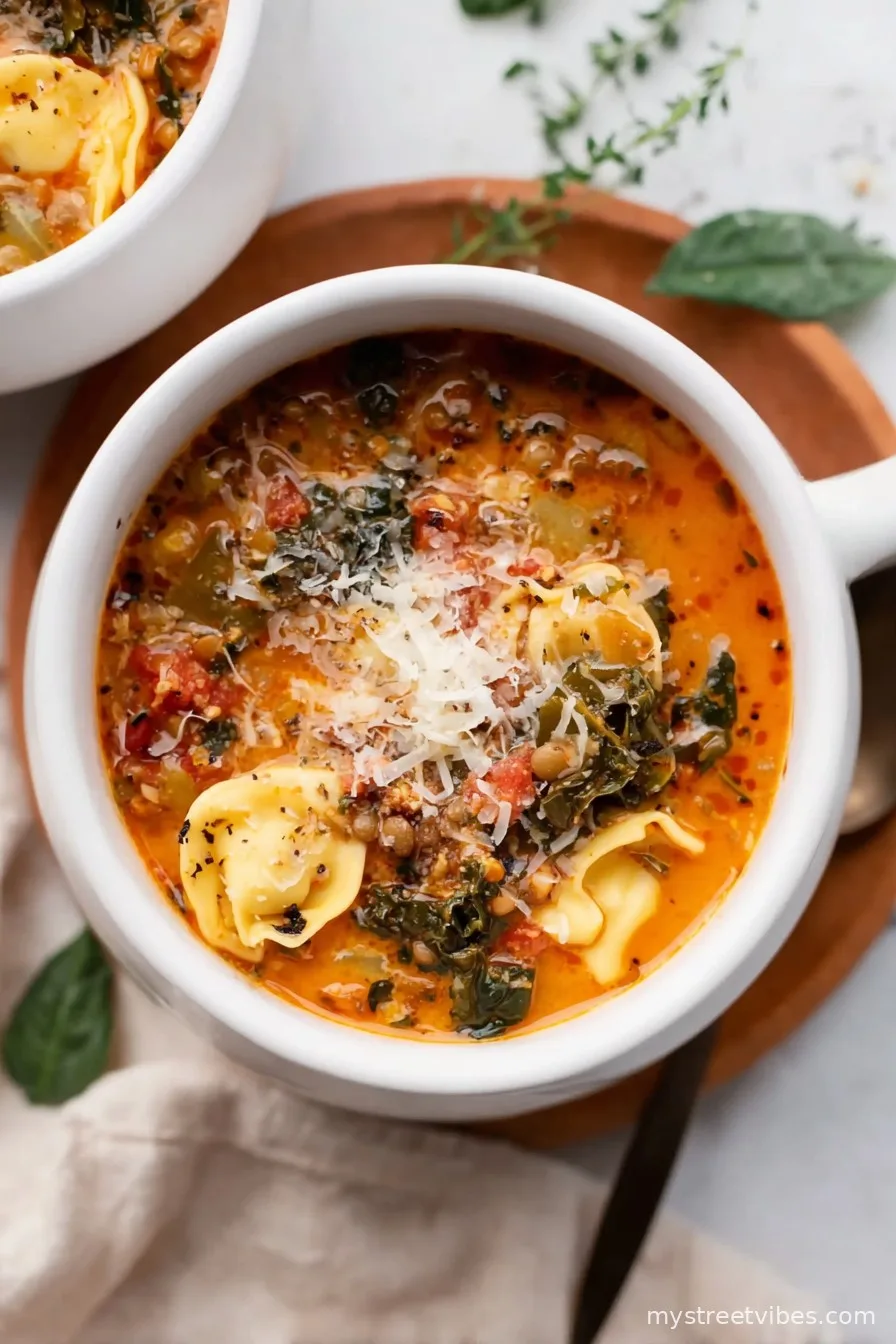 Easy Creamy Vegan Tortellini Soup Recipe with Lentils and Kale