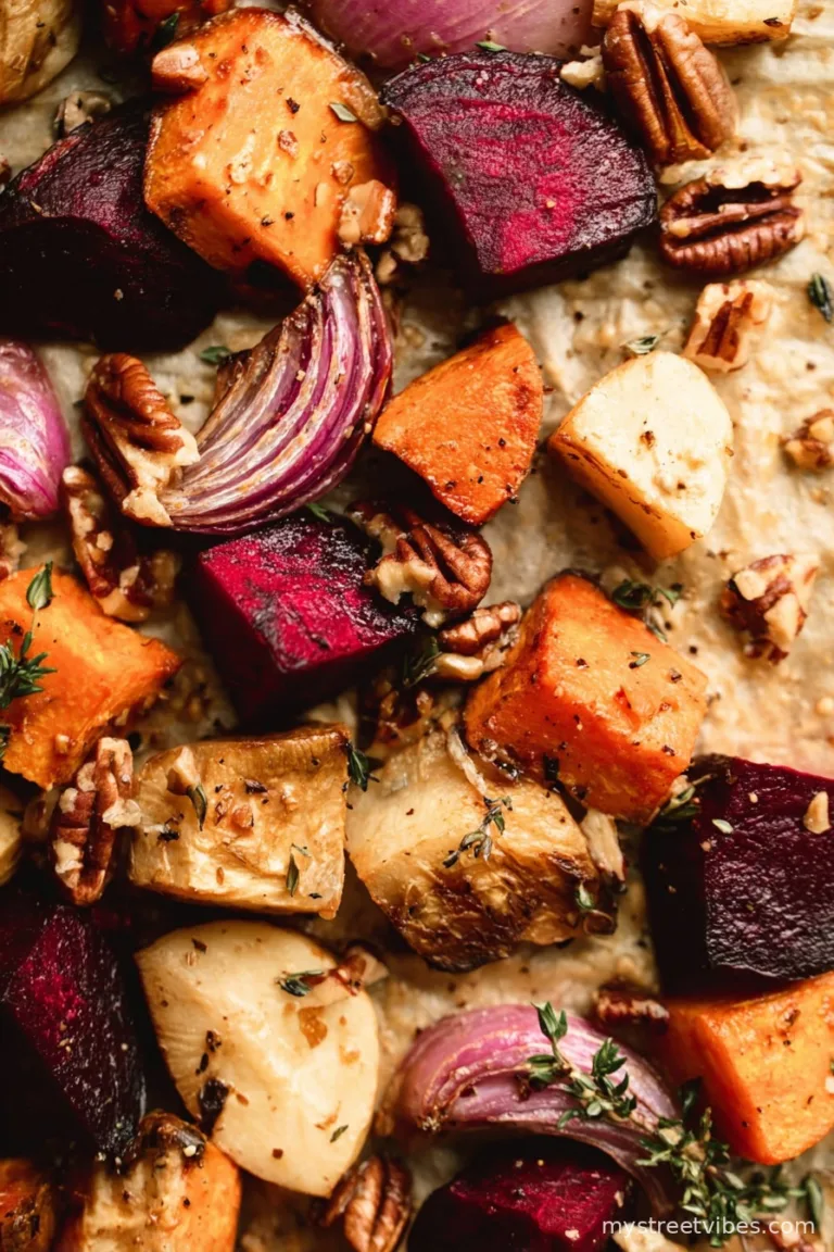 Maple Roasted Root Vegetables with Pecans and Thyme
