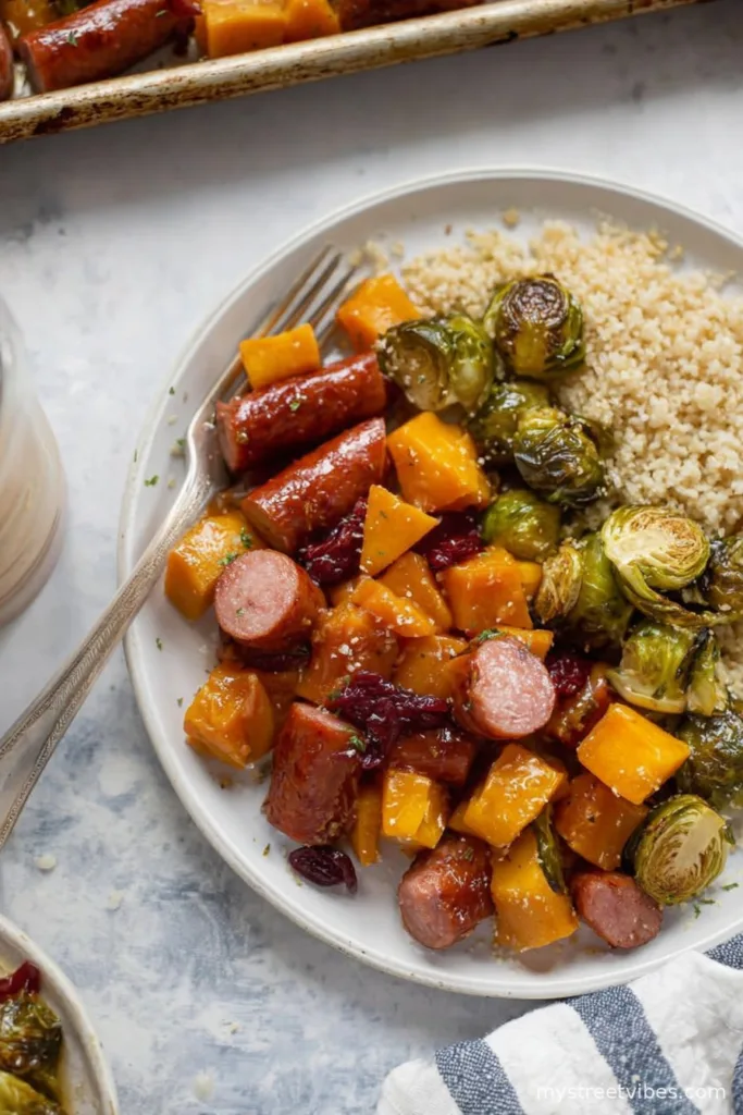 Maple Sheet Pan Smoked Sausage with Butternut and Brussels