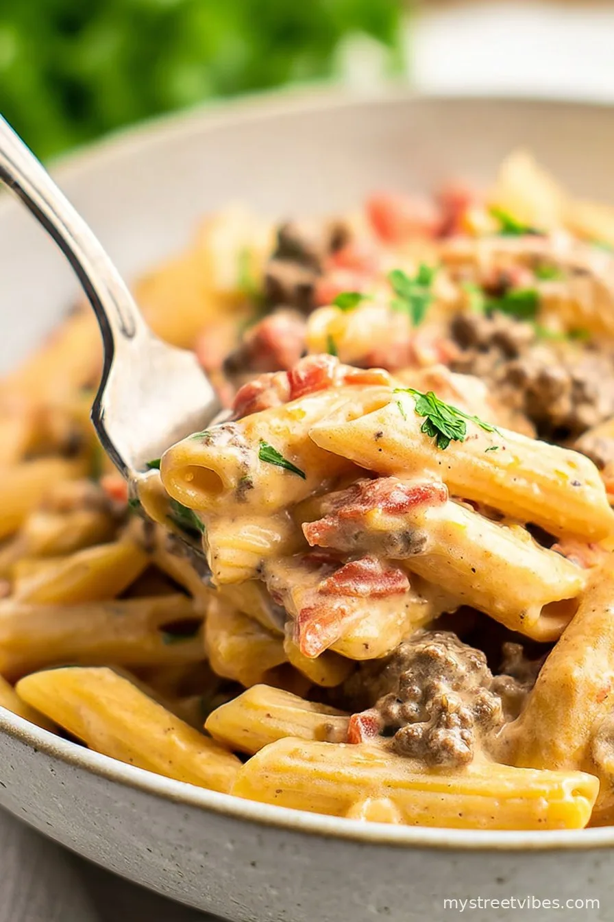 Creamy Rotel Pasta with Ground Beef