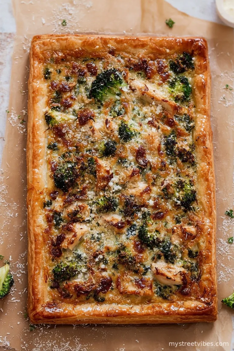 Garlicky Grilled Chicken and Broccoli Puff Pastry Pizza