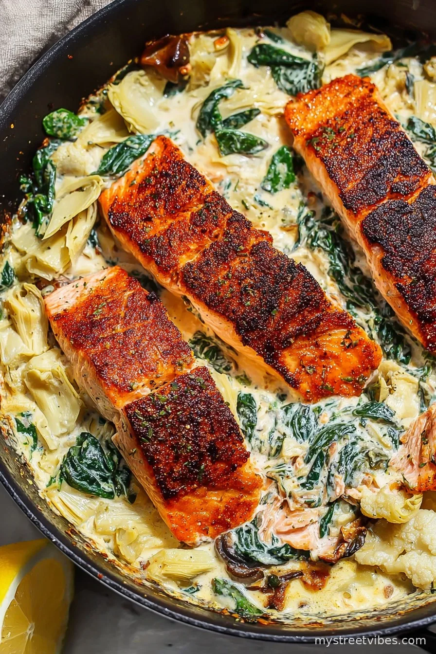 Spinach Artichoke Salmon Skillet